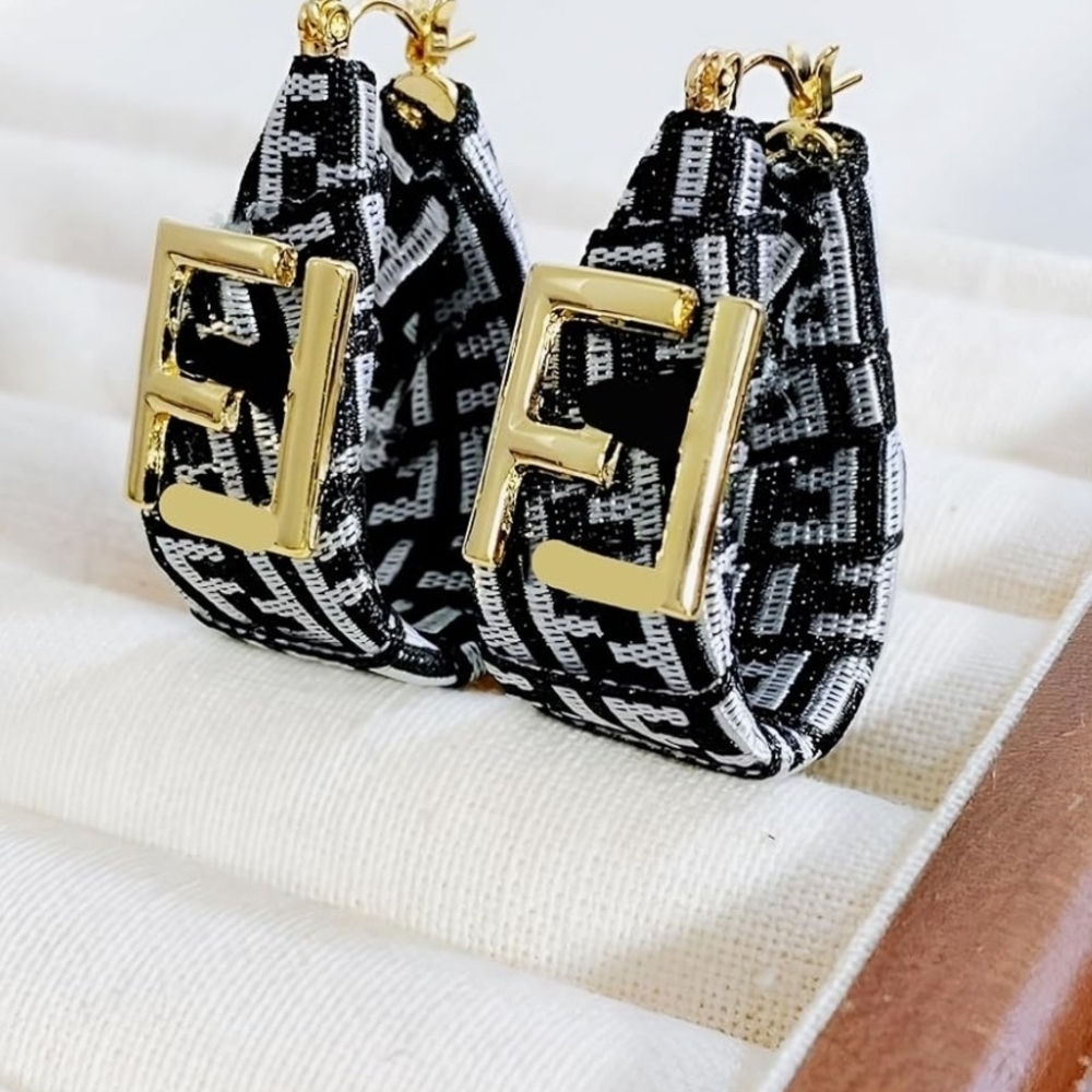 FENDI Gold Logo Black & White Hoop Earrings